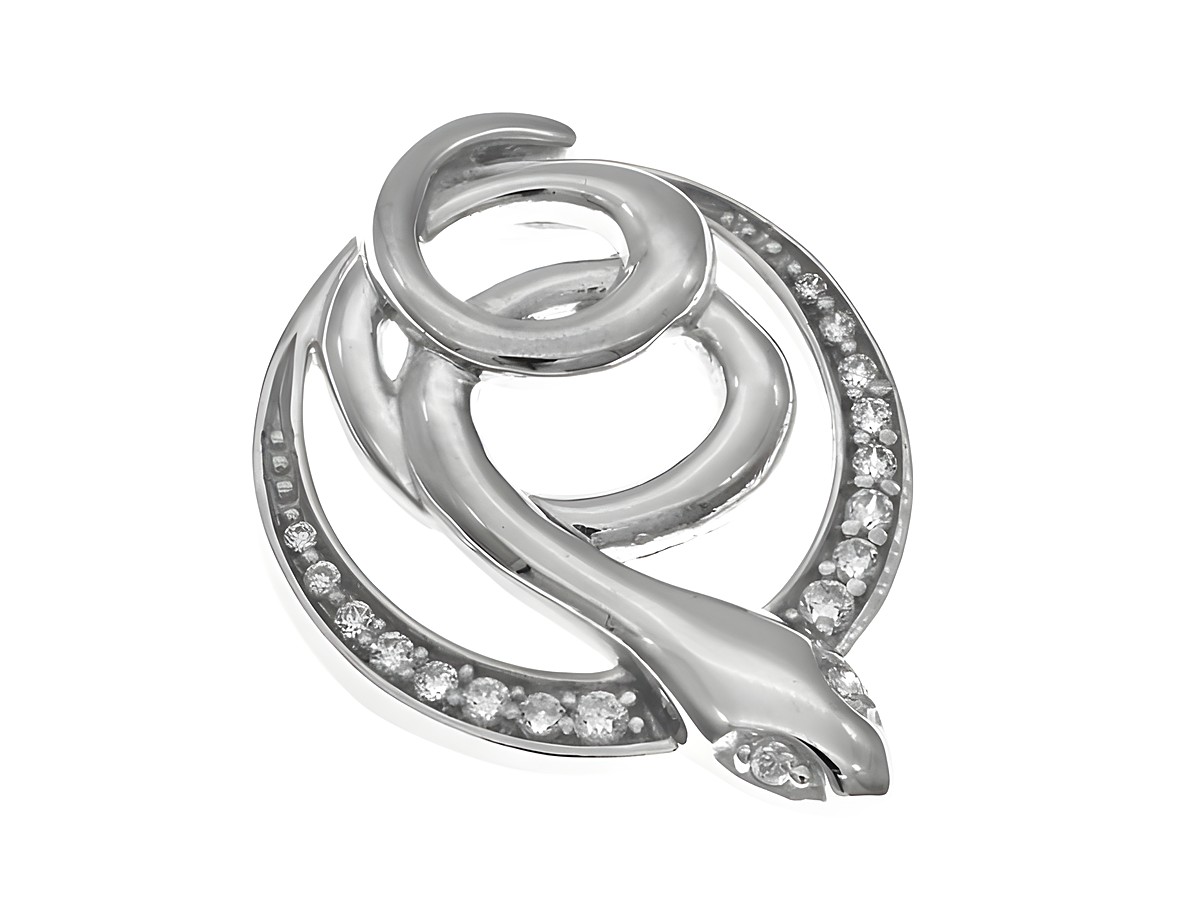 Eleganter Anhänger in Silber rhodiniert mit einer stilisierten Schlange, umgeben von funkelnden Zirkonia in Weiß, hergestellt von Juwelier Harnisch, Ausdruck von tierischer Anmut.