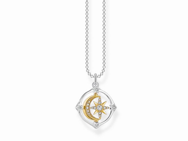 Edelstahlkette mit Anhänger in Form von Mond und Sternen, zarter Schmuck für jeden Anlass, 38 bis 42 cm verstellbar, von Thomas Sabo, Modell KE1966-414-7-L42V.
