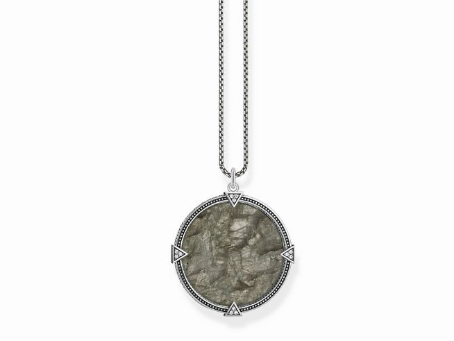 Eine feine Thomas Sabo Kette aus Sterling Silber mit einem geschwungenen Anhänger in runder Form, besetzt mit einem Labradorit und grauem Zirkonia, Länge von 45 bis 50 cm.