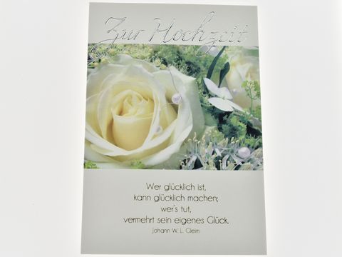 Hochzeitskarte mit einer weißen Rose und einer inspirierenden Weisheit. Die Karte ist von Juwelier Harnisch und eignet sich ideal als Glückwunsch zur Hochzeit.