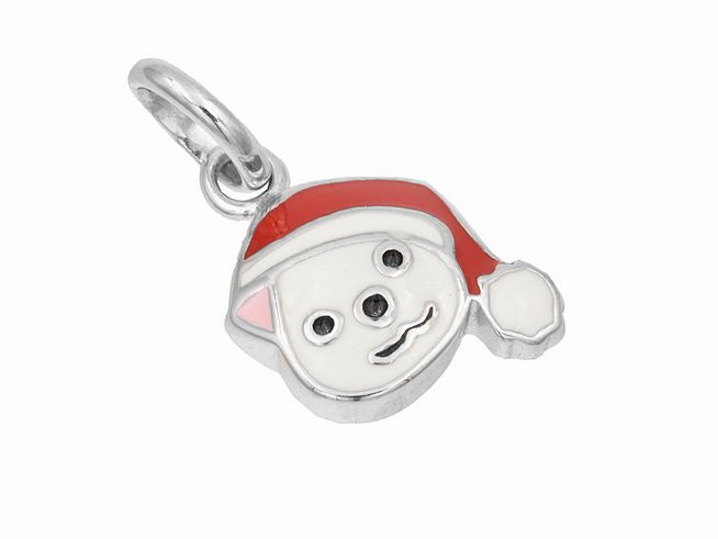 Eisbär Anhänger mit Mütze aus poliertem rhodinierten Sterling Silber, lackiert in Weiß, Rot und Rosa, aus dem Hause Juwelier Harnisch.