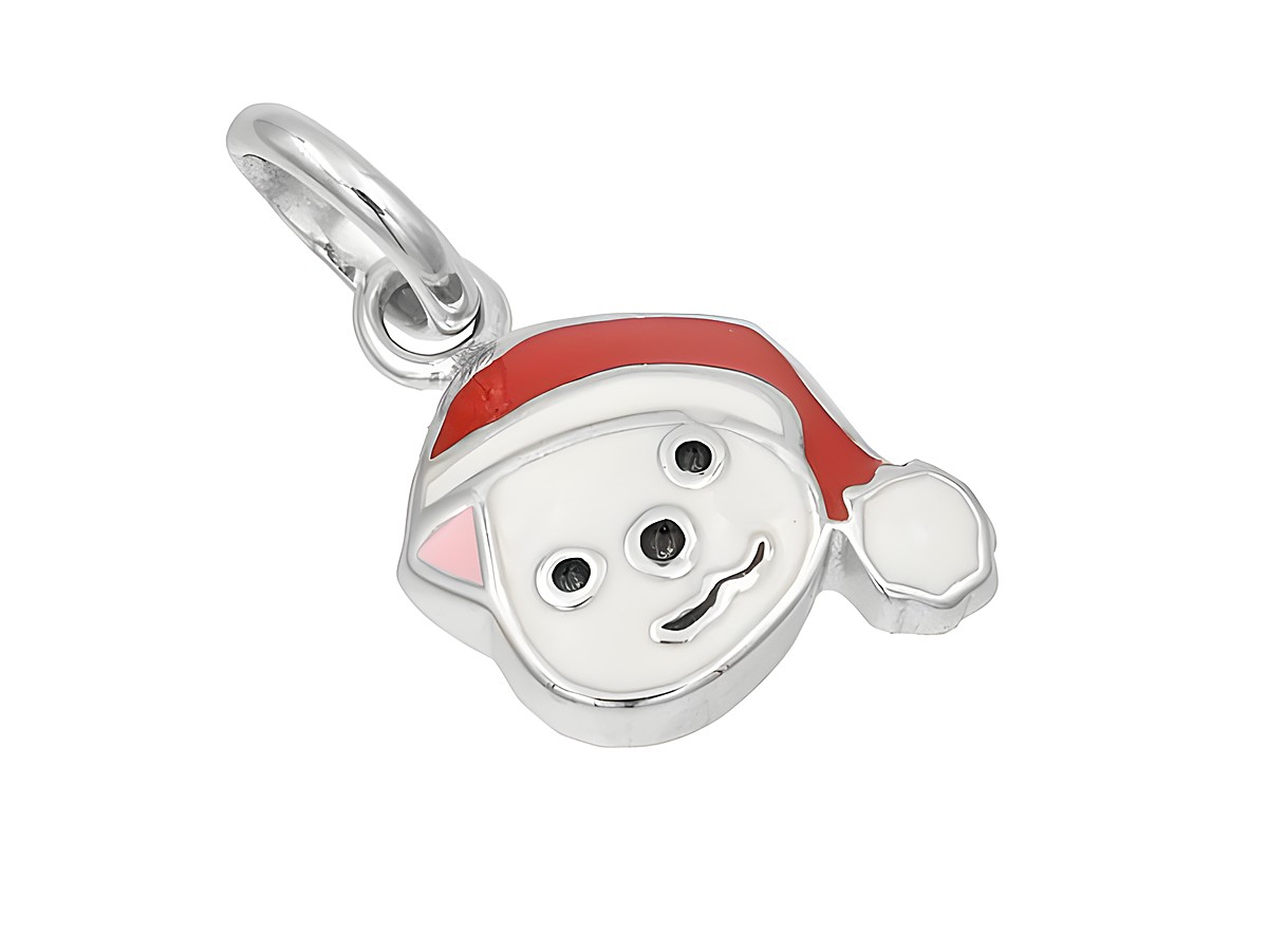 Eisbär Anhänger mit Mütze aus poliertem rhodinierten Sterling Silber, lackiert in Weiß, Rot und Rosa, aus dem Hause Juwelier Harnisch.