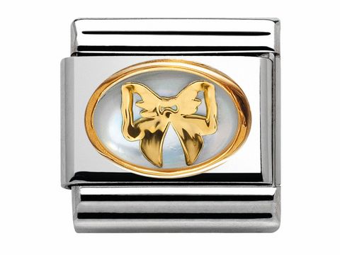 Classic SCHLEIFE mit Perlmutt verziert in Gold, EDELSTEINE DOUBLE mit SYMBOL, hergestellt von Nomination, ovaler Charms unterstreicht elegantes Design.