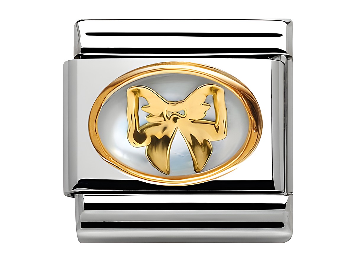Classic SCHLEIFE mit Perlmutt verziert in Gold, EDELSTEINE DOUBLE mit SYMBOL, hergestellt von Nomination, ovaler Charms unterstreicht elegantes Design.