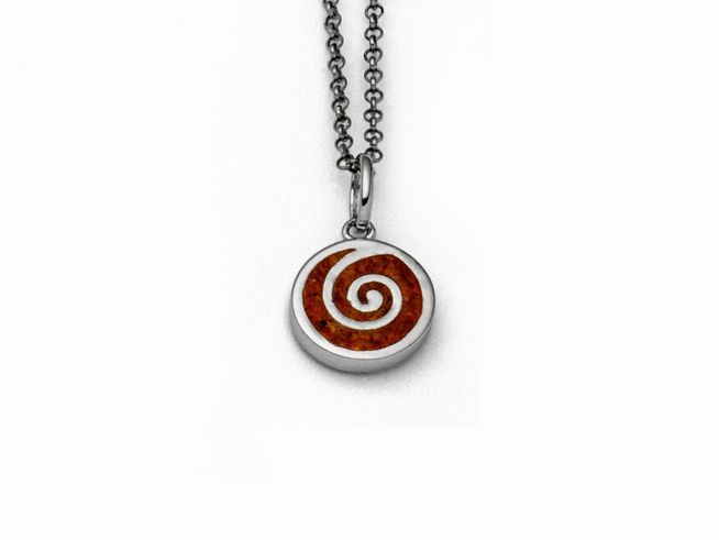 Sterling Silber Kette mit einem runden Anhänger in Form einer Bernsteinsandspirale, orange Bernstein in der Mitte, schlichtes Design, Länge 42 cm, Hersteller DUR.