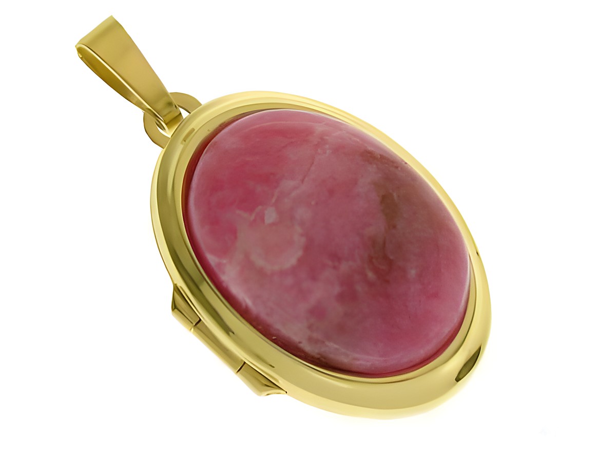 Rhodochrosit Medaillon in ovaler Form mit goldener Einfassung aus Gold 585, hergestellt von Juwelier Harnisch, zeigt eine elegante, glatte Oberfläche und zarte rosa Farbnuancen.