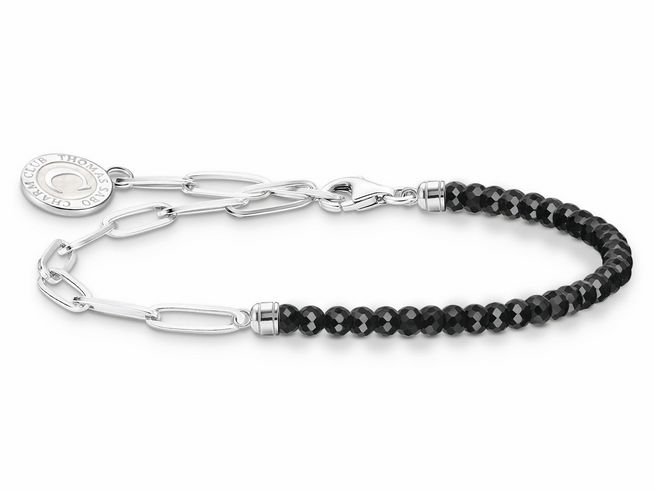 Elegantes Thomas Sabo Armband A2131-148-11-L15v aus Silber und schwarzem Obsidian mit Gliedern, perfekt für einen Umfang von 12 bis 15 cm, ziert das Handgelenk stilvoll.