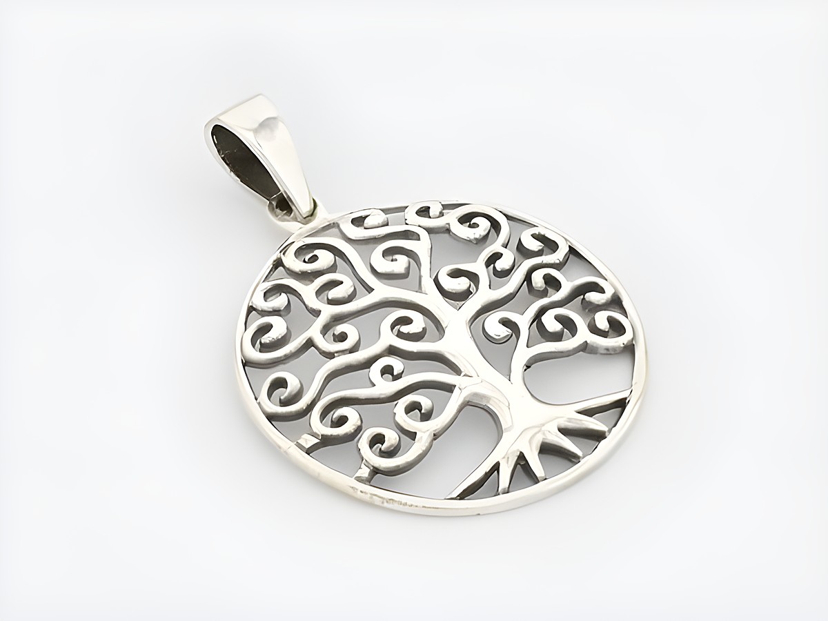 Anhänger Lebensbaum aus verschnörkeltem Sterling Silber, hergestellt von Juwelier Harnisch, mit kunstvollem Pflanzenmotiv.