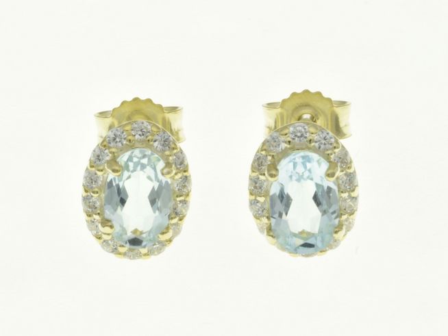 Oval Ohrstecker aus Sterling Silber, gelbgold vergoldet, mit Blautopas und Zirkonia, Hersteller Juwelier Harnisch, elegante Schmuckstücke mit funkelndem Design.