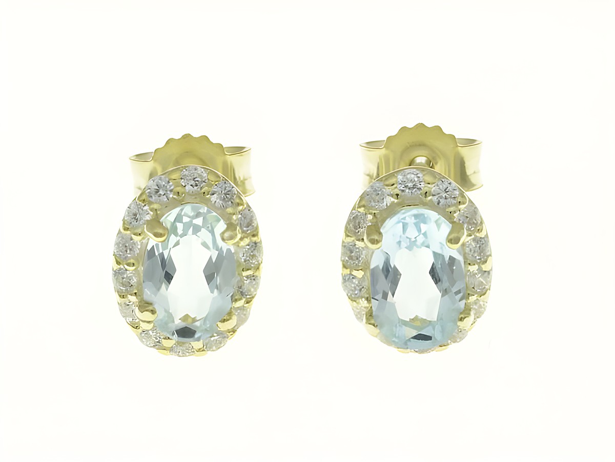 Oval Ohrstecker aus Sterling Silber, gelbgold vergoldet, mit Blautopas und Zirkonia, Hersteller Juwelier Harnisch, elegante Schmuckstücke mit funkelndem Design.