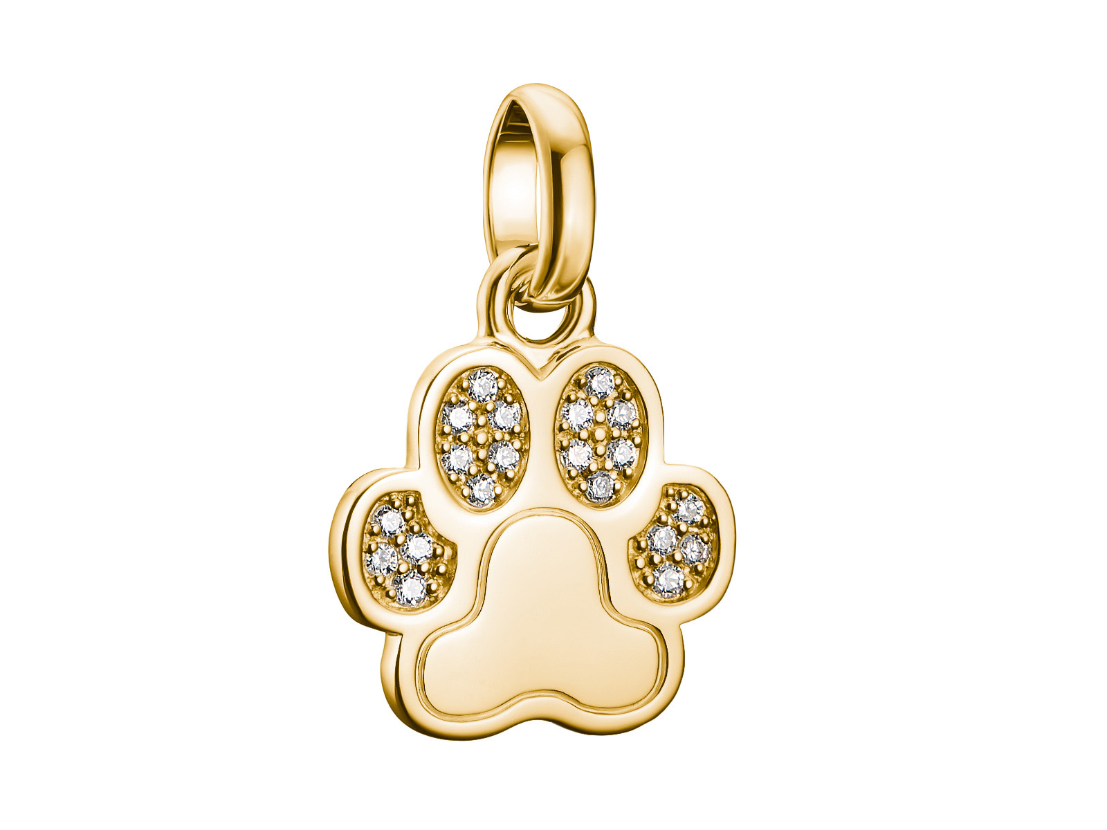 Charm aus Silber und gelbgoldvergoldetem Material in Form einer Pfote, verziert mit Zirkonia, Teil der Thomas Sabo Charm Club CONNECT Kollektion, ideal für tierliebende Schmuckfans.