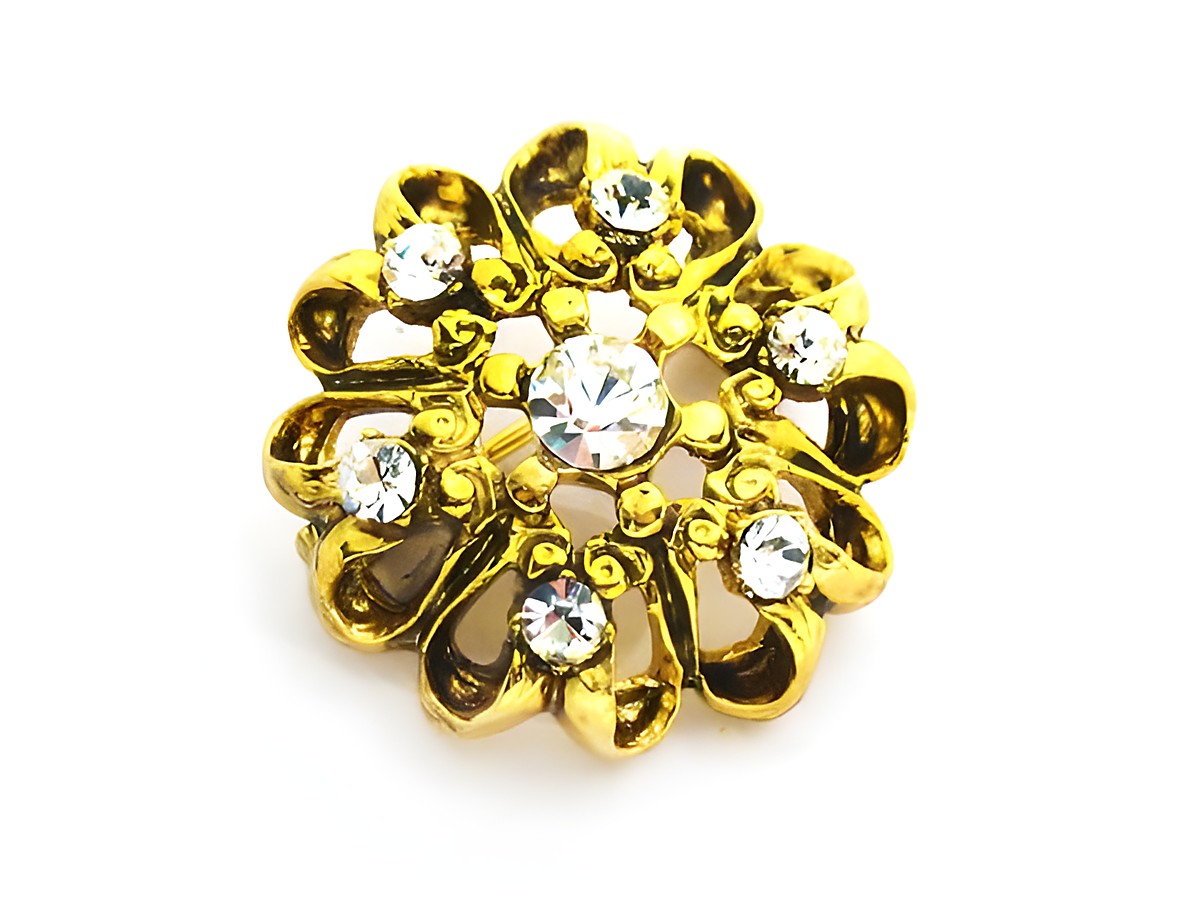 Brosche im Sexy City Look in Weiß mit Strass, rund, Hersteller Juwelier Harnisch, elegante Strass Brosche mit funkelnden Details für stilvolle Akzente.