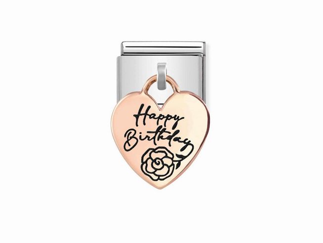 Charm-Anhänger in Herzform aus Roségold 375 mit der Gravur Happy Birthday und einer stilisierten Rose, ideal als Geschenk für Geburtstagsfeiern.