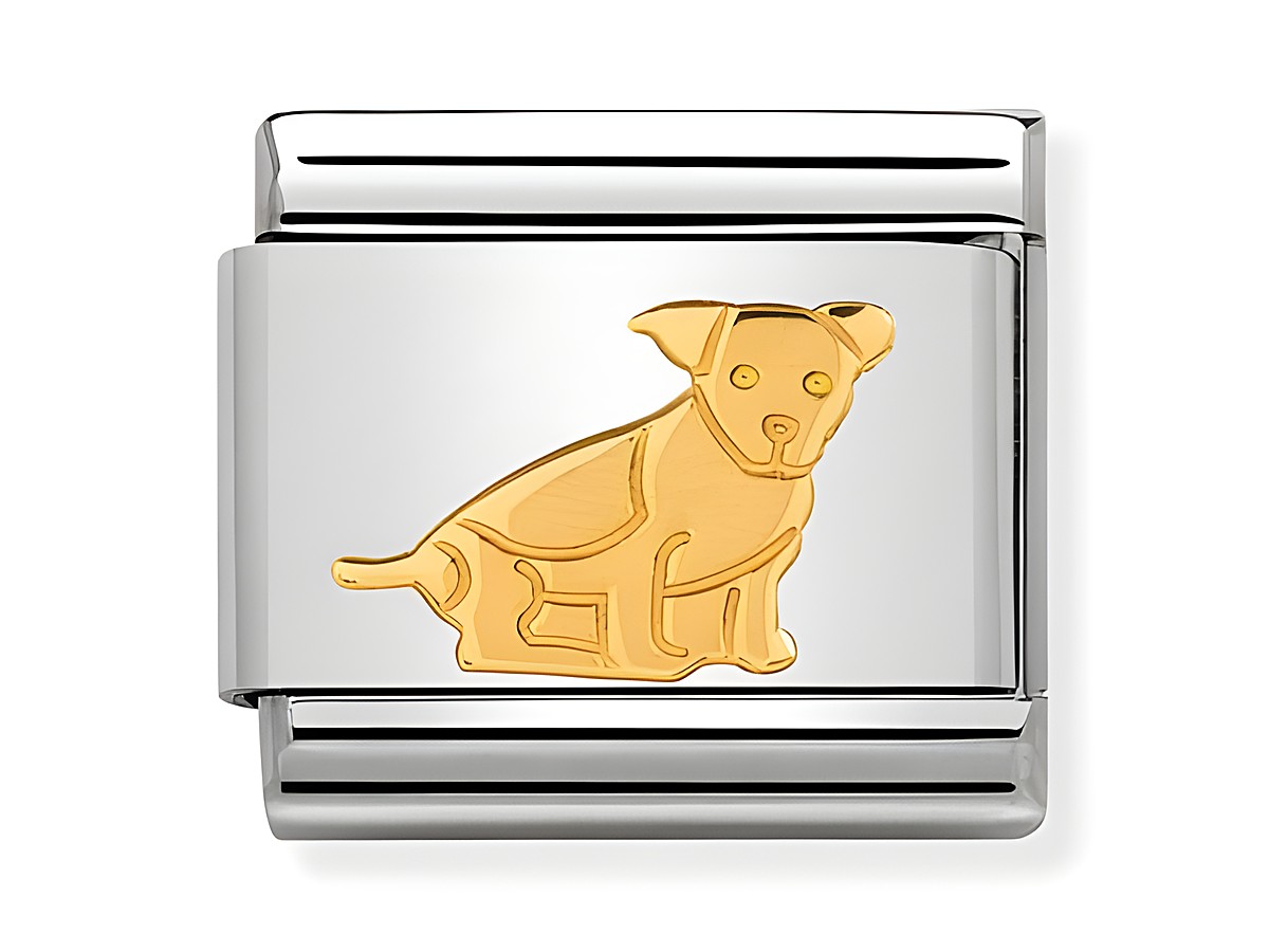 Sitzender Hund aus Gold und Edelstahl, elegant gestaltet, ideal für Tierliebhaber. Ein stilvolles Accessoire von Nomination mit dem Motiv eines Hundes.
