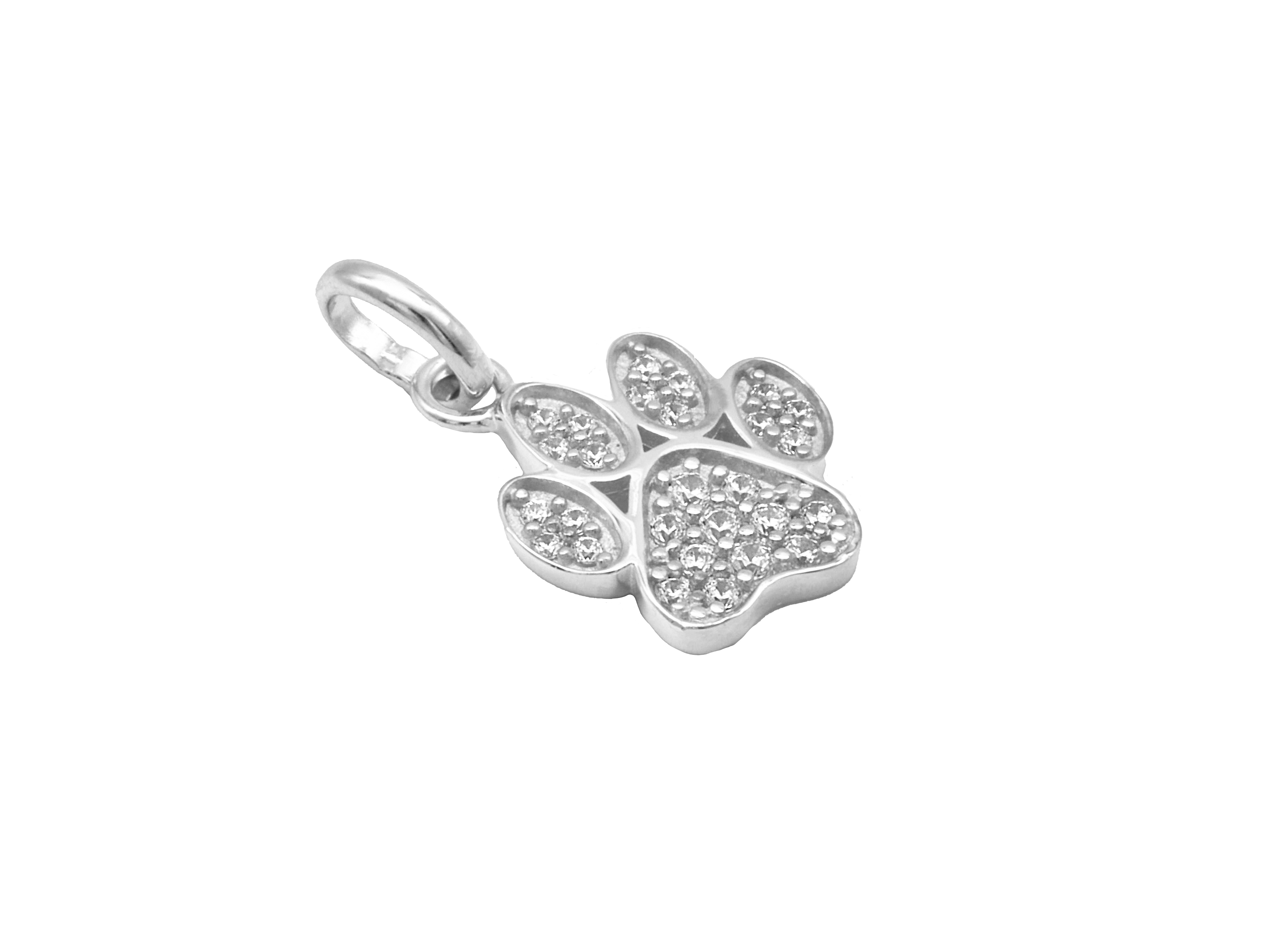 Anhänger in Form einer Pfote aus Sterling Silber 925, rhodiniert und poliert, mit funkelnden Zirkonia-Steinen, Hersteller Juwelier Harnisch, für Tierliebhaber geeignet.