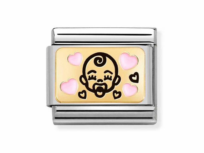 Ein Charm-Anhänger von Nomination in rosa und gold mit einem niedlichen Baby-Gesicht und Herzen auf einem Edelstahl-Hintergrund, emailliert, Modell 030289 01 Classic.