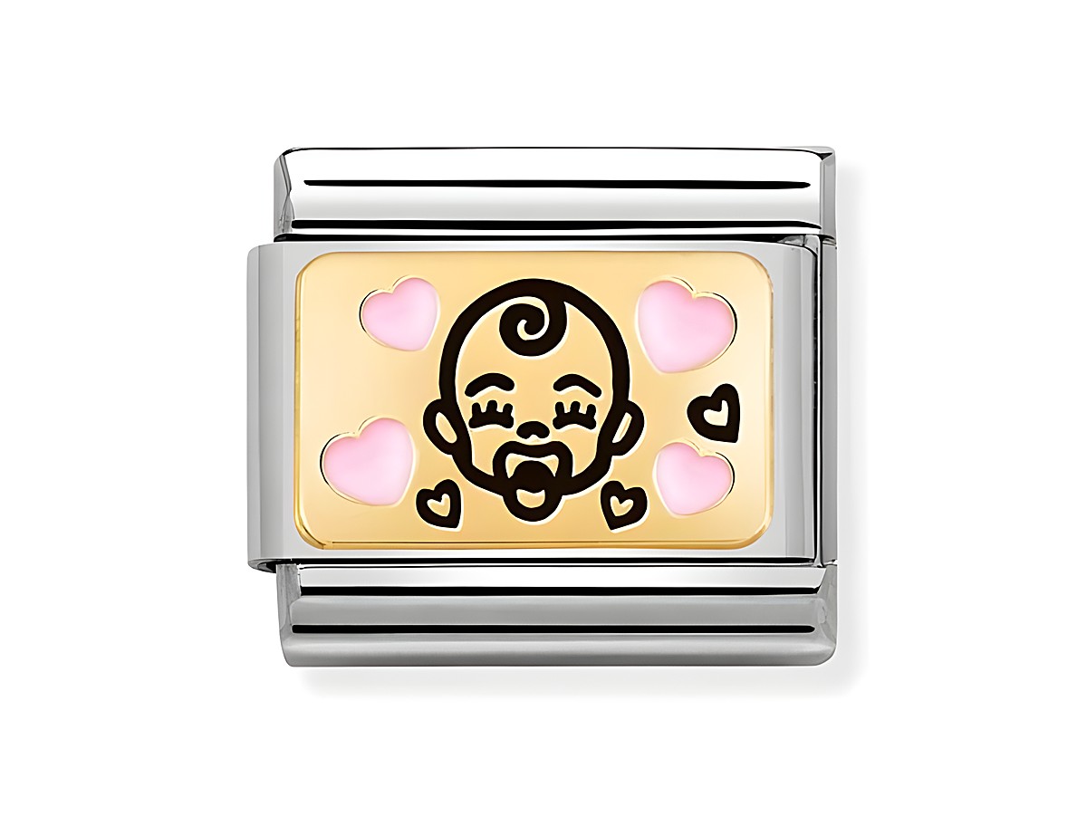 Ein Charm-Anhänger von Nomination in rosa und gold mit einem niedlichen Baby-Gesicht und Herzen auf einem Edelstahl-Hintergrund, emailliert, Modell 030289 01 Classic.