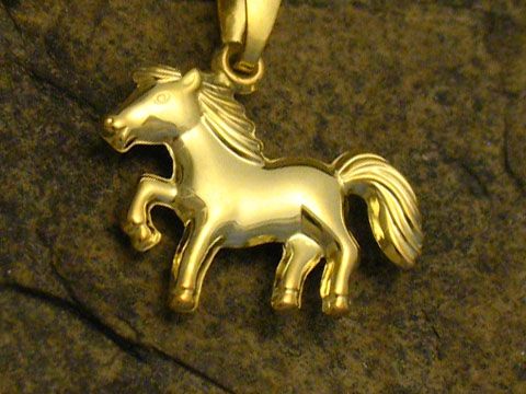 Pferd Pony im Galopp glänzend aus Gold 333, Anhänger des Herstellers Juwelier Harnisch, ideal für Tierliebhaber.