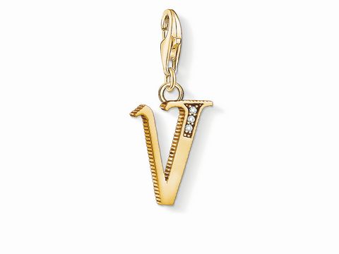 Charm-Anhänger in Form des Buchstabens V von Thomas Sabo, vergoldet mit Zierelementen aus Kristallen, stilvolles Schmuckstück für persönliche Designs.
