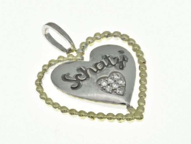 Herz-Schatzi Anhänger aus Sterling Silber Bicolor, rhodiniert mit Zirkonia-Steinen, liebevoll gestaltet, ideal als Geschenk für besondere Anlässe, Hersteller Juwelier Harnisch.