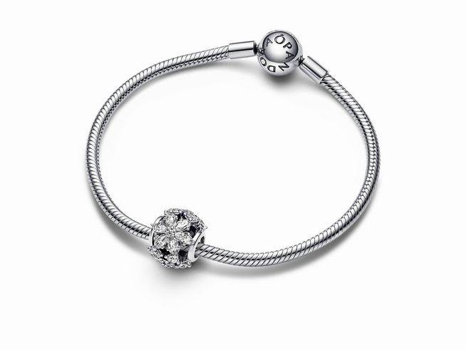Ein elegantes Pandora Charm aus Sterling Silber mit klaren Zirkonia-Steinen, das auf einem feinen Armband präsentiert wird. Ideal für stilbewusste Schmuckliebhaber.