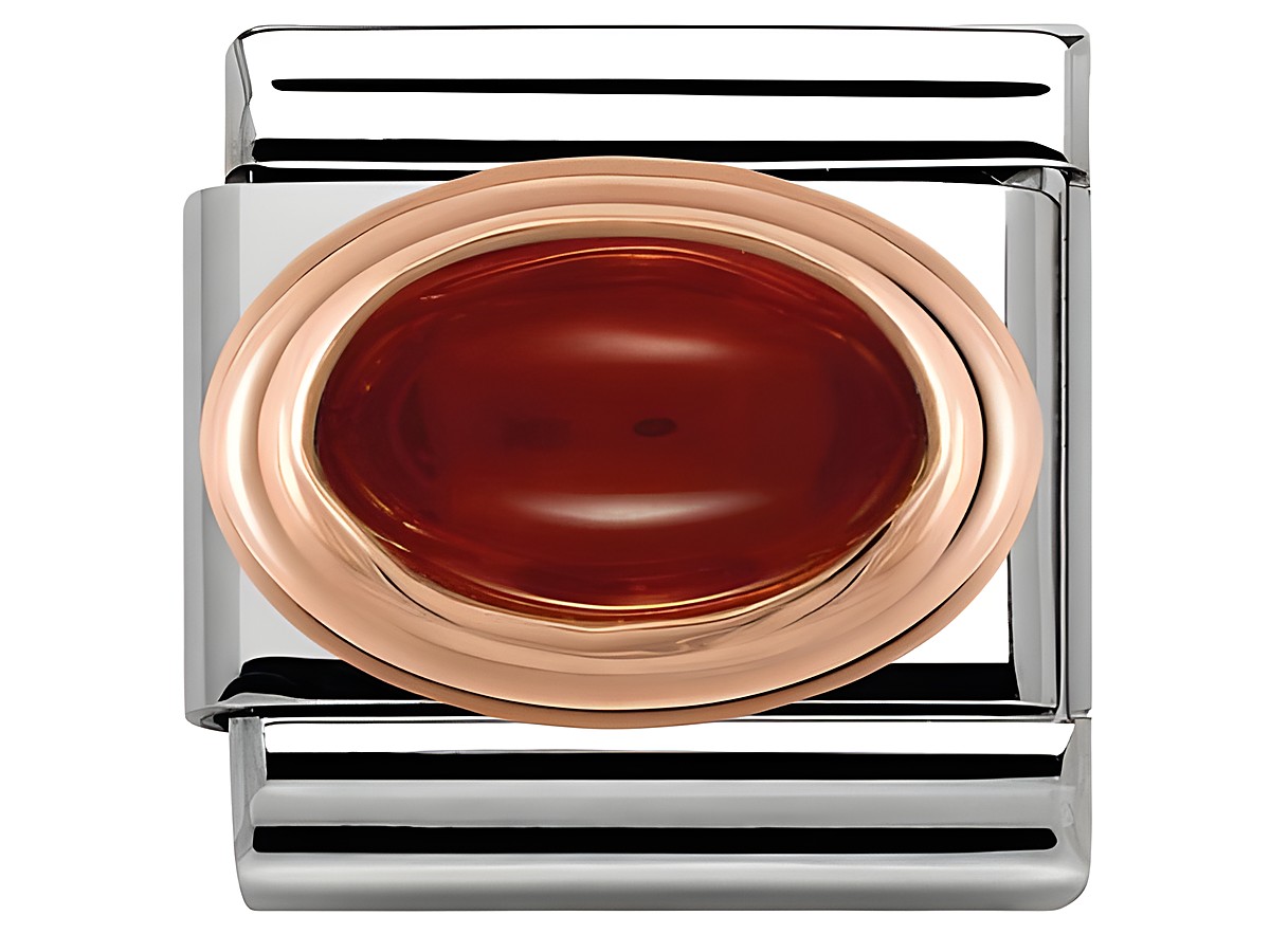 Nomination Classic Roségold Halbedelstein GRANAT in ovaler Form, umrahmt von glänzendem Roségold und edlem Edelstahl, strahlt elegante Raffinesse aus. Ideal für stilvolle Akzente.