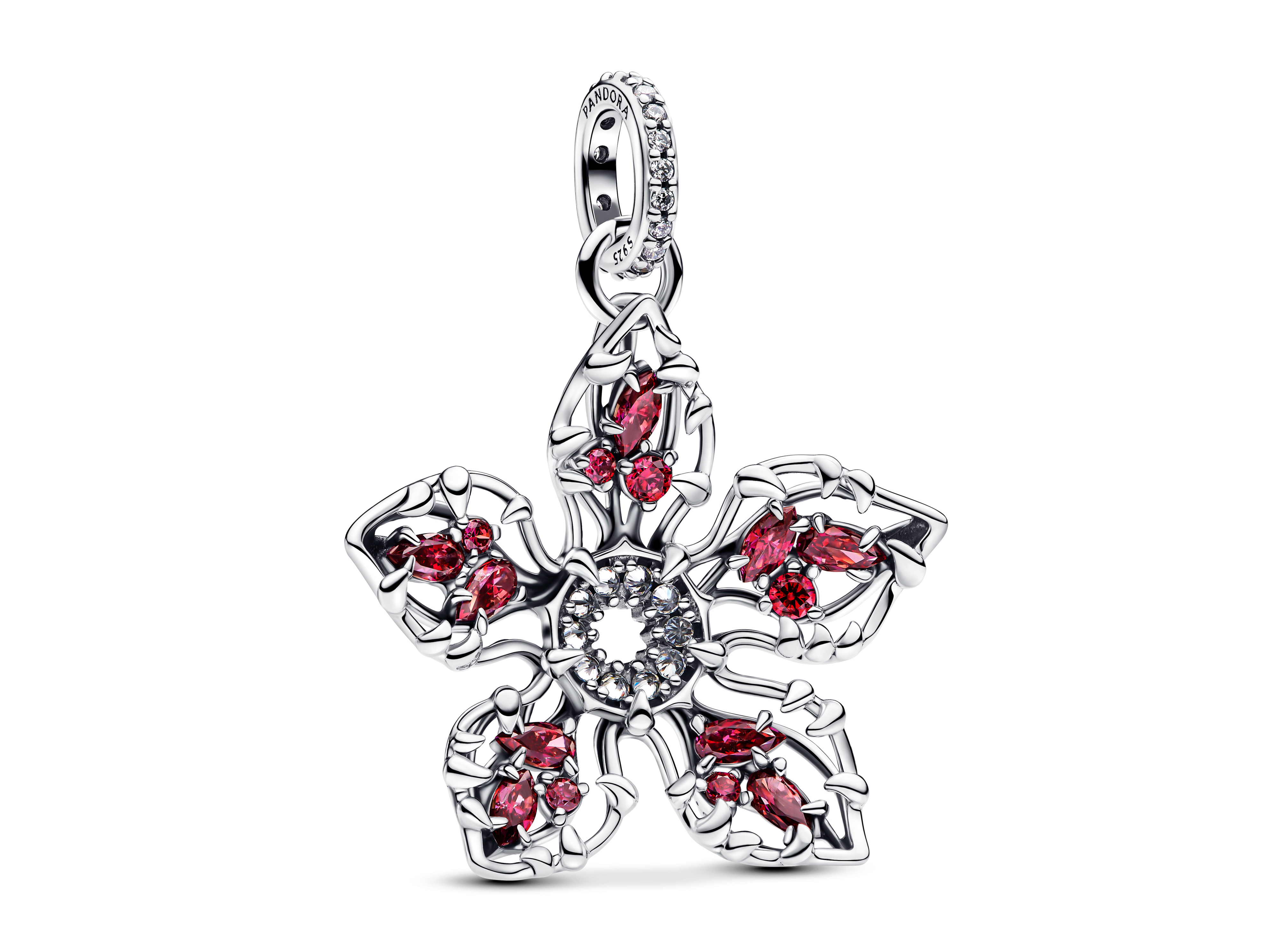 Pandora Charm 793567C01 aus Silber in Form einer Blume, verziert mit roten und klaren Zirkonia, inspiriert von Stranger Things Project Red, perfekt für individuellen Schmuck.