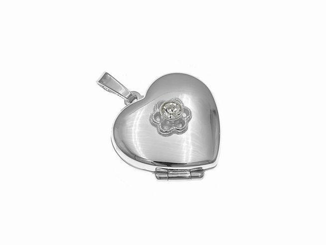 Silber Medaillon in Herzform mit einem weißen Glasstein und Blütendesign, aus Sterling Silber, Hersteller Juwelier Harnisch. Elegantes Schmuckstück für besondere Anlässe.