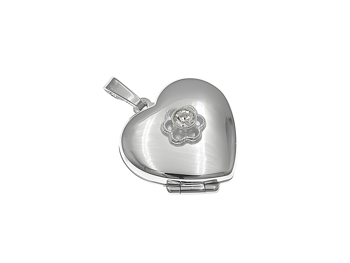 Silber Medaillon in Herzform mit einem weißen Glasstein und Blütendesign, aus Sterling Silber, Hersteller Juwelier Harnisch. Elegantes Schmuckstück für besondere Anlässe.