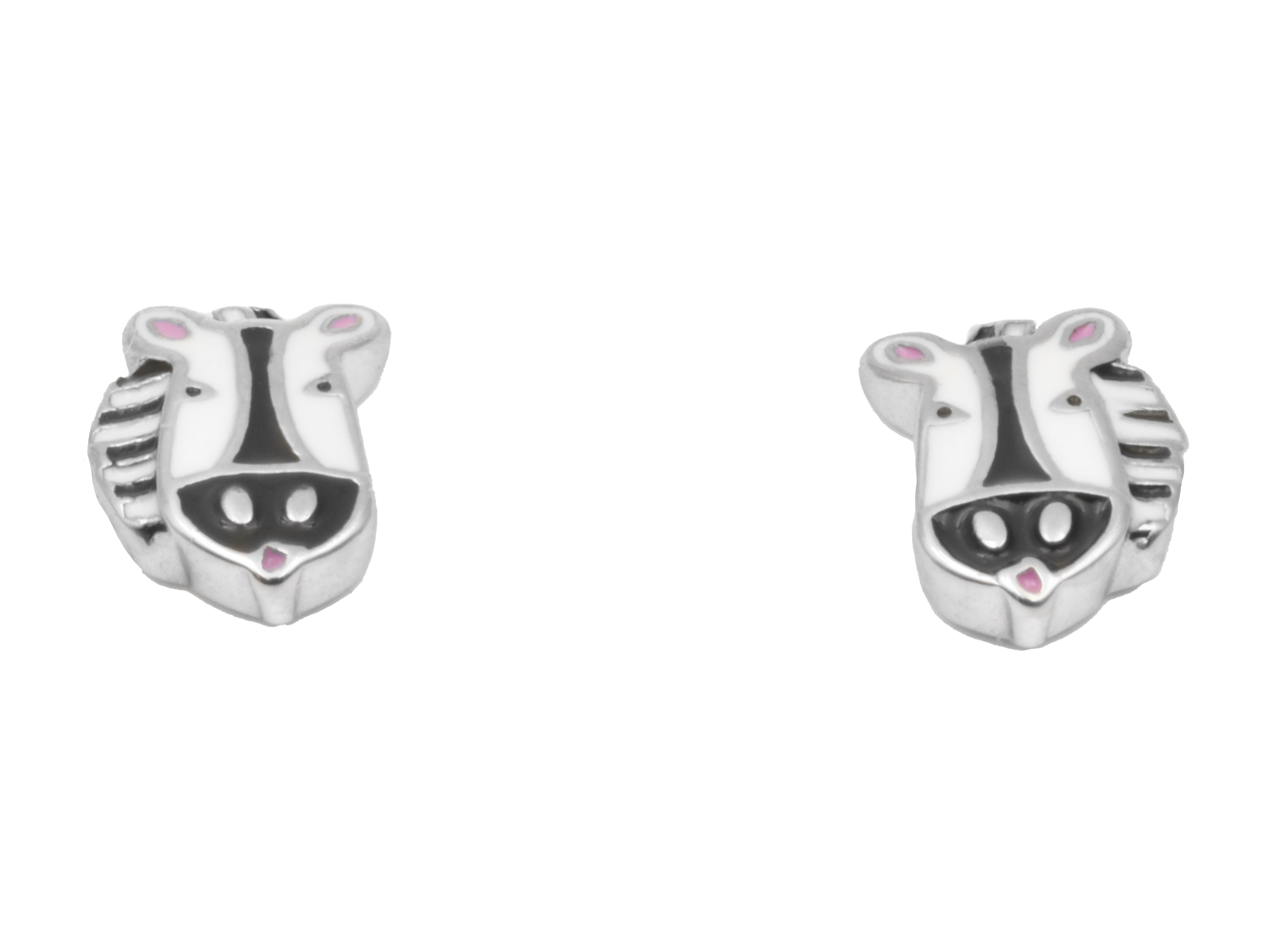 Ohrringe in Form von Zebraköpfen aus rhodiniertem Sterling Silber mit farbiger Emaille. Hersteller Juwelier Harnisch, neu und einzigartig im Design.