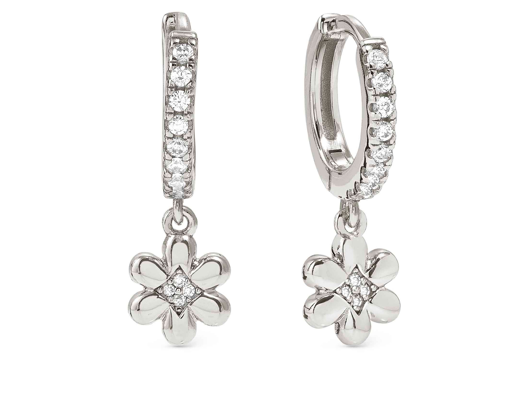 Zwei elegante Creolen aus sterling Silber von Pandora mit einer filigranen Blume, verziert mit funkelndem Zirkonia, ideal für einen besonderen Anlass oder als modisches Accessoire.