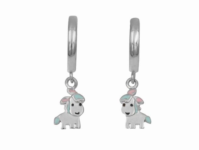Creolen mit Hänger Eselchen aus 925 Sterling Silber, poliert und rhodiniert, ideal für Kinder. Die Ohrringe zeigen ein charmantes Eselchen in sanften Farben.