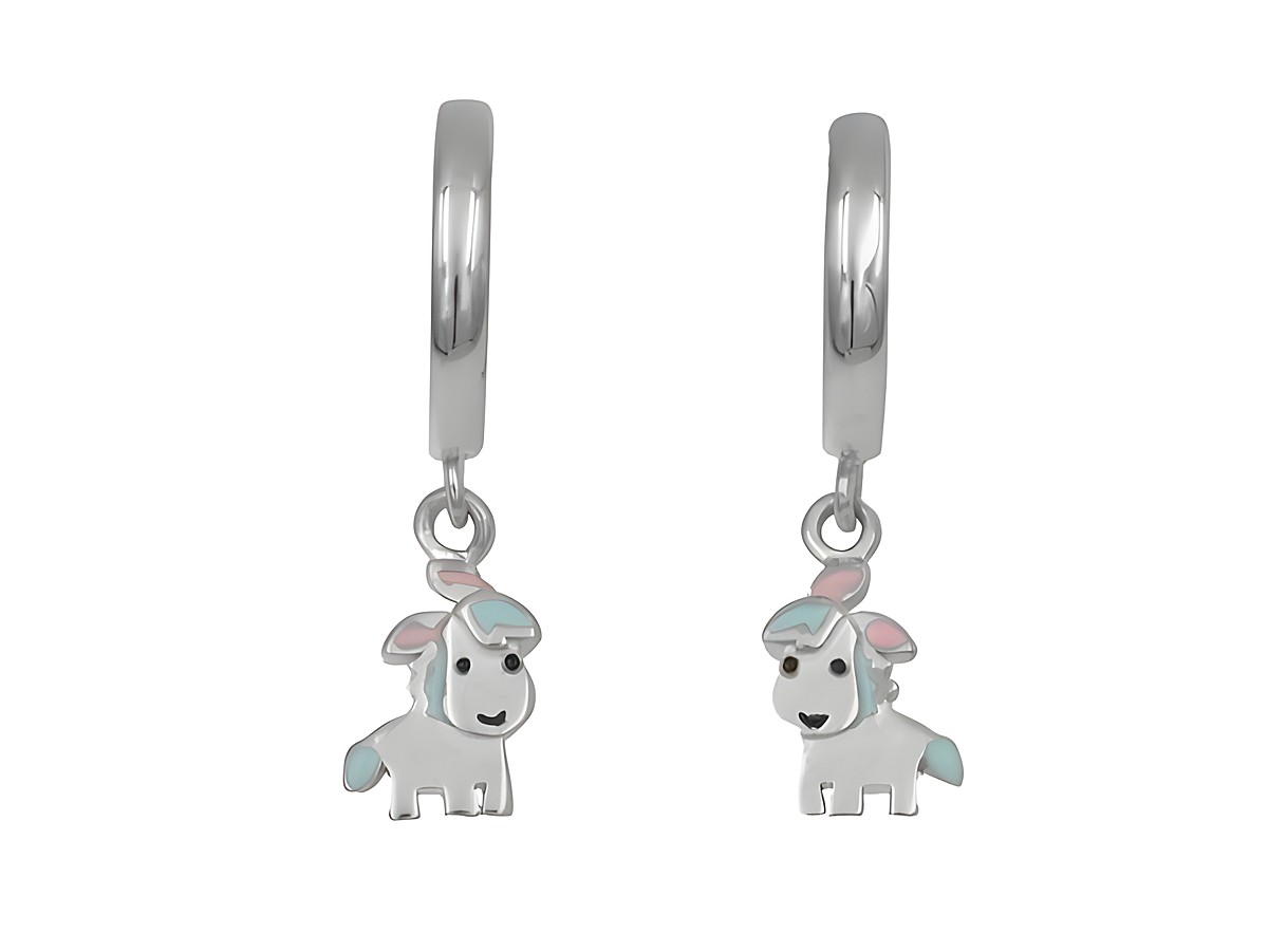 Creolen mit Hänger Eselchen aus 925 Sterling Silber, poliert und rhodiniert, ideal für Kinder. Die Ohrringe zeigen ein charmantes Eselchen in sanften Farben.