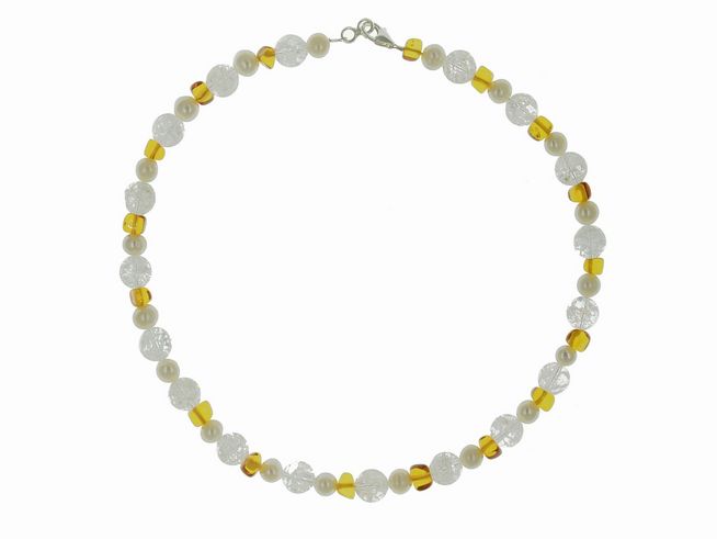 Steinkette aus Bernstein, Bergkristall und Süßwasser-Zuchtperlen in Weiß und Orange, 44 cm lang, mit Silberverschluss, Hersteller Juwelier Harnisch, ideal für jeden Anlass.