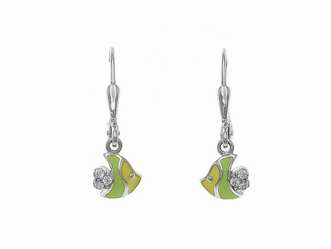 Ohrhänger aus Sterling Silber in Form von bunten Fischen, poliert und rhodiniert, verziert mit Zirkonia und lackierten Elementen in Gelb und Hellgrün, ideal für Kinder.