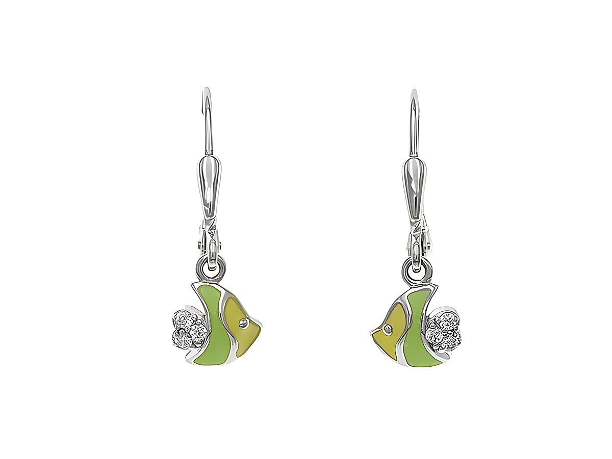 Ohrhänger aus Sterling Silber in Form von bunten Fischen, poliert und rhodiniert, verziert mit Zirkonia und lackierten Elementen in Gelb und Hellgrün, ideal für Kinder.