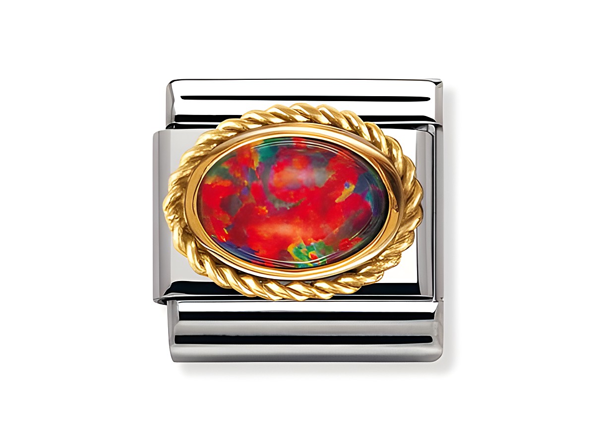 Kordel OPAL ROT Goldrand von Nomination, ovaler Anhänger mit leuchtendem rot und bunten Akzenten, von einem goldenen Kordelrand umgeben, auf einem metallischen Hintergrund.