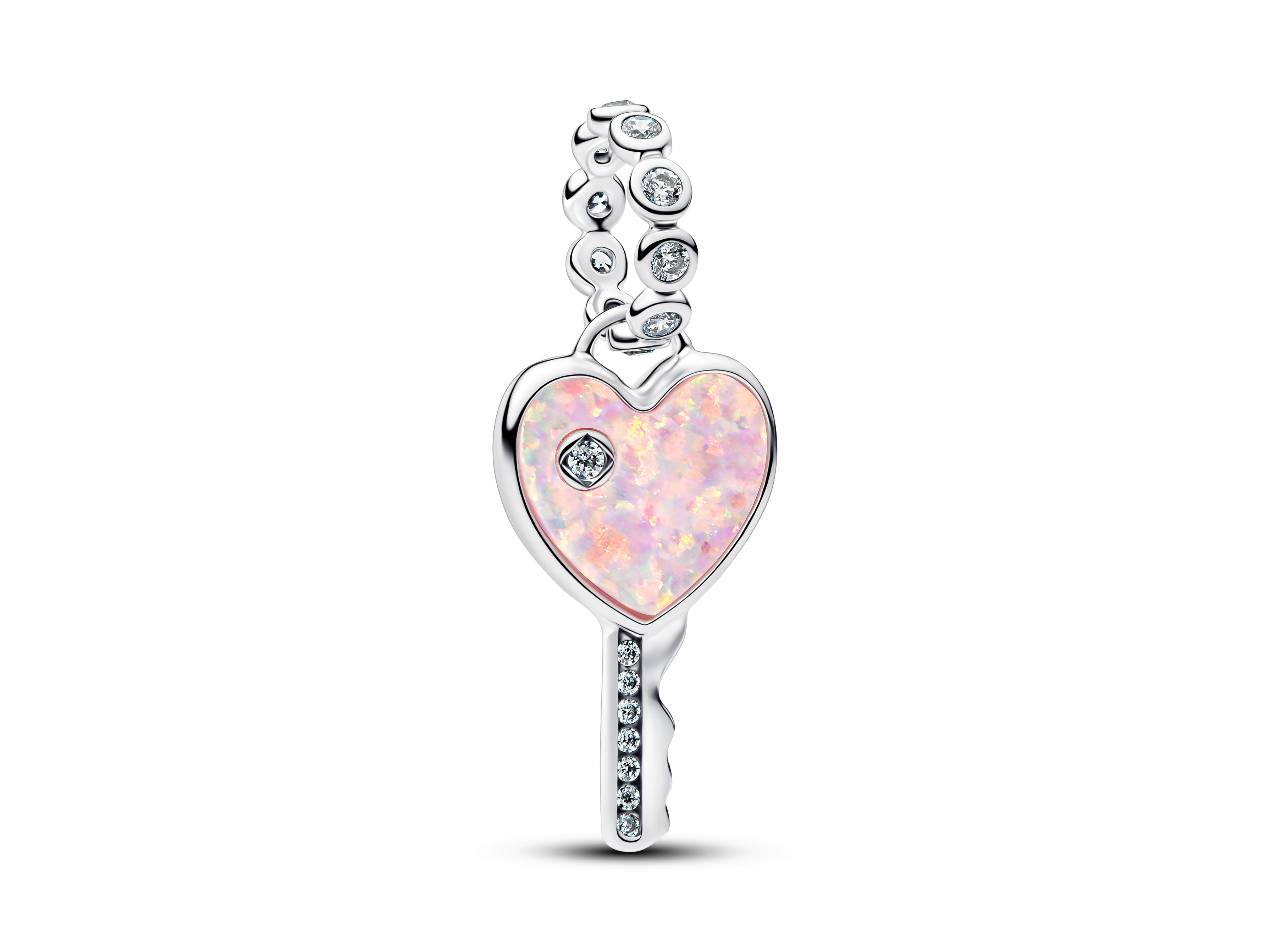 Schillernder roter Schlüssel Charm Anhänger von Pandora, aus Silber mit Steinmix in Pink, Herzform und funkelnden Details, ideal für eine elegante Schmuckkollektion.