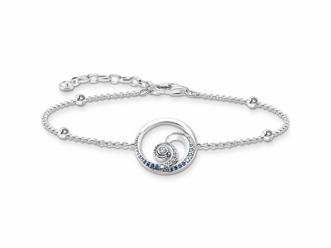Elegantes Thomas Sabo Armband aus Sterling Silber mit geschwungenem Design, verziert mit synthetischen Spinell und Zirkonia, verstellbar auf 19 cm.