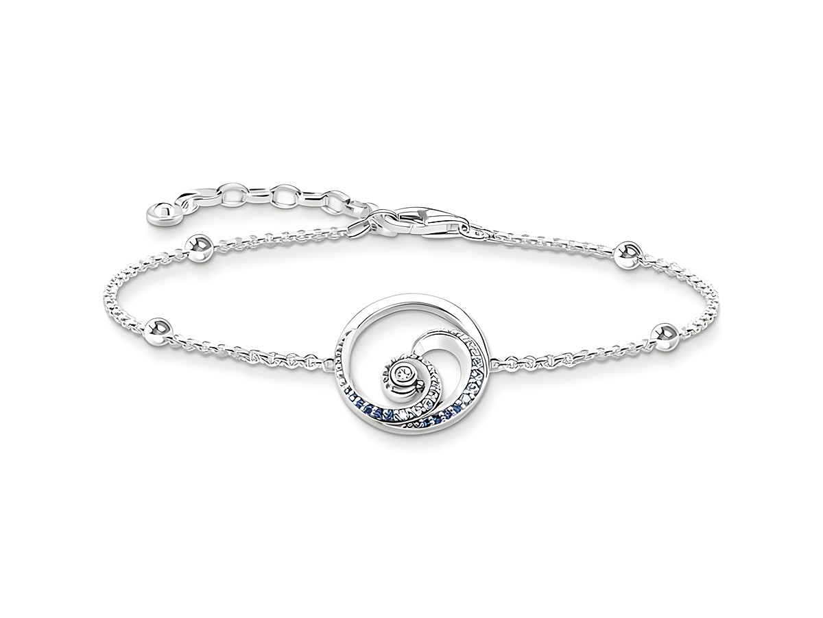 Elegantes Thomas Sabo Armband aus Sterling Silber mit geschwungenem Design, verziert mit synthetischen Spinell und Zirkonia, verstellbar auf 19 cm.