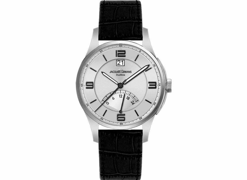 Jacques Lemans London 1-1640B Armbanduhr mit silbernem Zifferblatt, schwarzem Lederarmband, Datumsanzeige und dualer Zeitfunktion, elegantes und modernes Design, 43 mm Gehäuse.