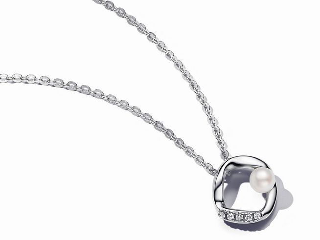 Silberne Halskette mit organisch geformtem Pavé Kreis und einer Süßwasserzuchtperle, elegant und modern, ideal für stilvolle Anlässe.