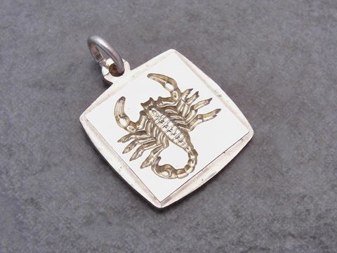 Silber vergoldet Anhänger mit eckiger Form und bicolor Design, graviert mit dem Sternzeichen Skorpion, hergestellt von Juwelier Harnisch. Ideal als persönlicher Schmuck.