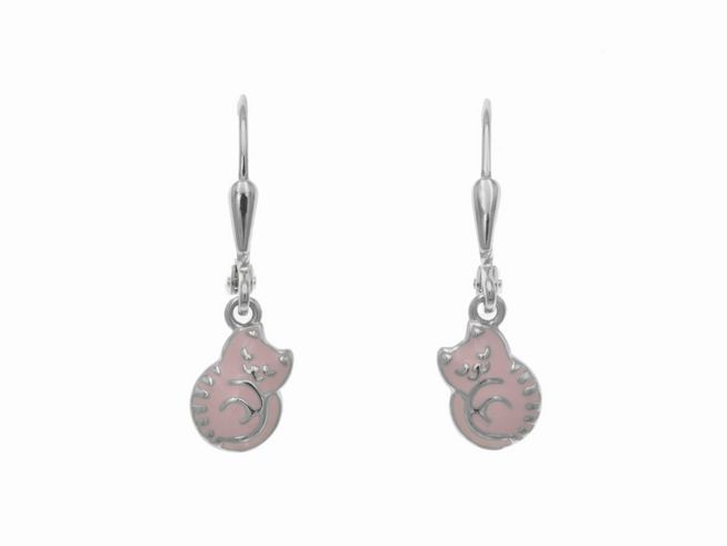 Ohrhänger aus Sterling Silber in Katzenform, poliert und rhodiniert, mit hellrosa Lack. Ideal für Kinder, hergestellt von Juwelier Harnisch.
