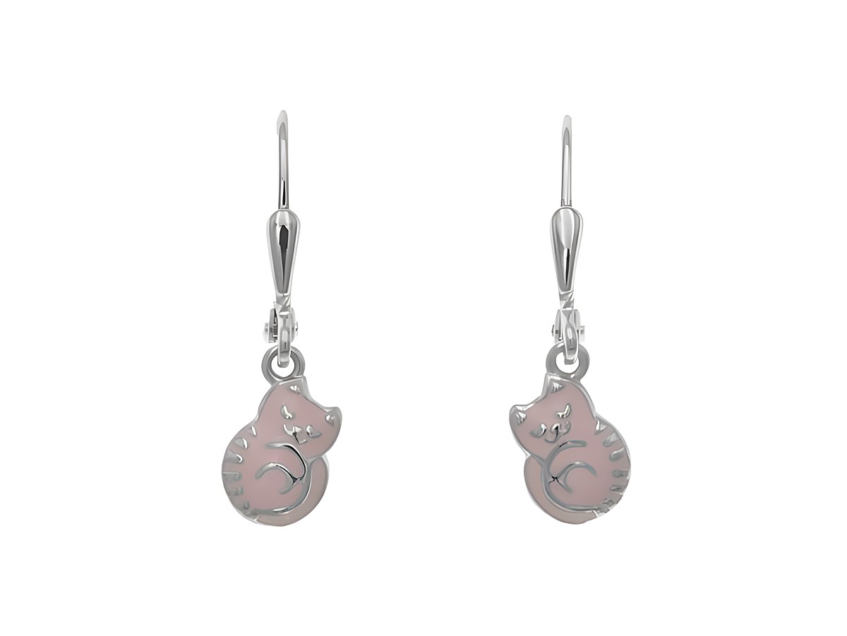 Ohrhänger aus Sterling Silber in Katzenform, poliert und rhodiniert, mit hellrosa Lack. Ideal für Kinder, hergestellt von Juwelier Harnisch.
