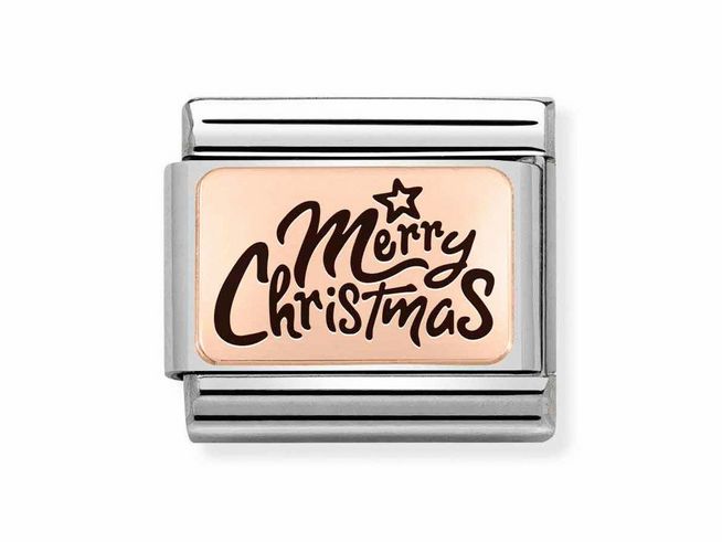 Nomination Classic 430111 14 Platten Edelstahl mit Roségold Merry Christmas zeigt einen eleganten Charm mit dem Schriftzug Merry Christmas in geschwungener Schrift und einer kleinen Sternenverzierung. Hersteller: Nomination, Emaille.