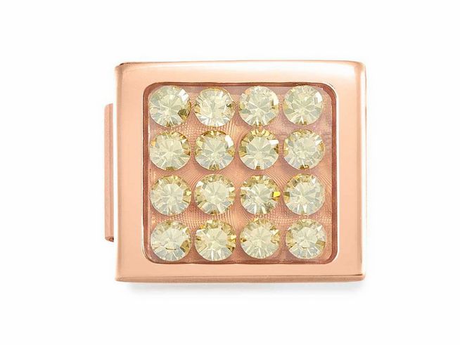 Charm aus Roségold mit 16 beige Zirkonia, quadratische Form, glänzende Oberflächen, geeignet für die Nomination Classic GLAM Kollektion.