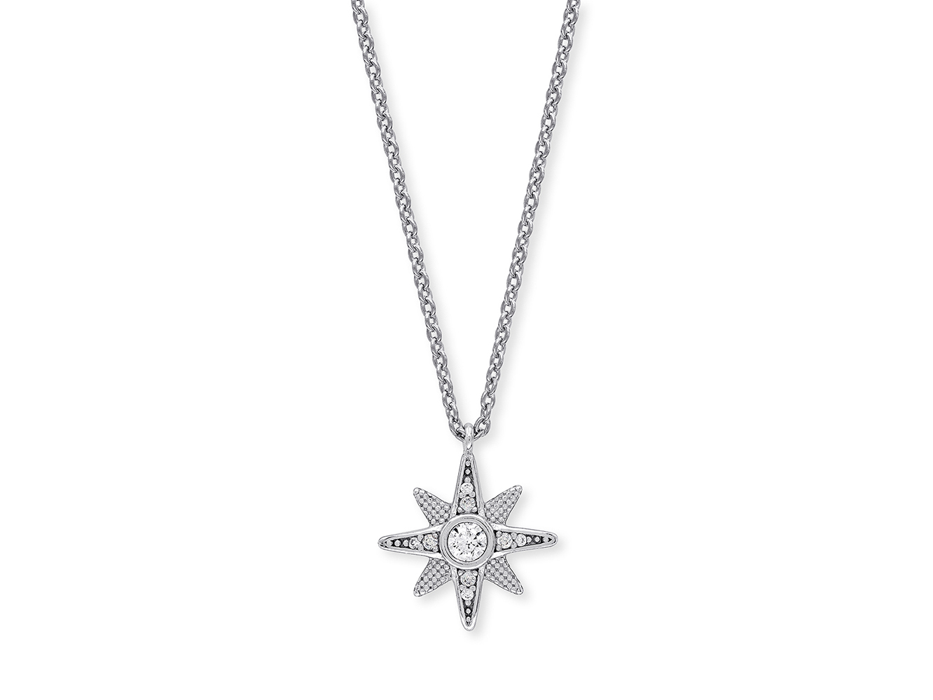 Sterling Silber rhodiniert Kette mit Anhänger in Form eines achtzackigen Sterns, verziert mit Zirkonia, Länge 40 cm, elegant und funkelnd, von Engelsrufer Modell ERN-NEWSTAR-ZI.