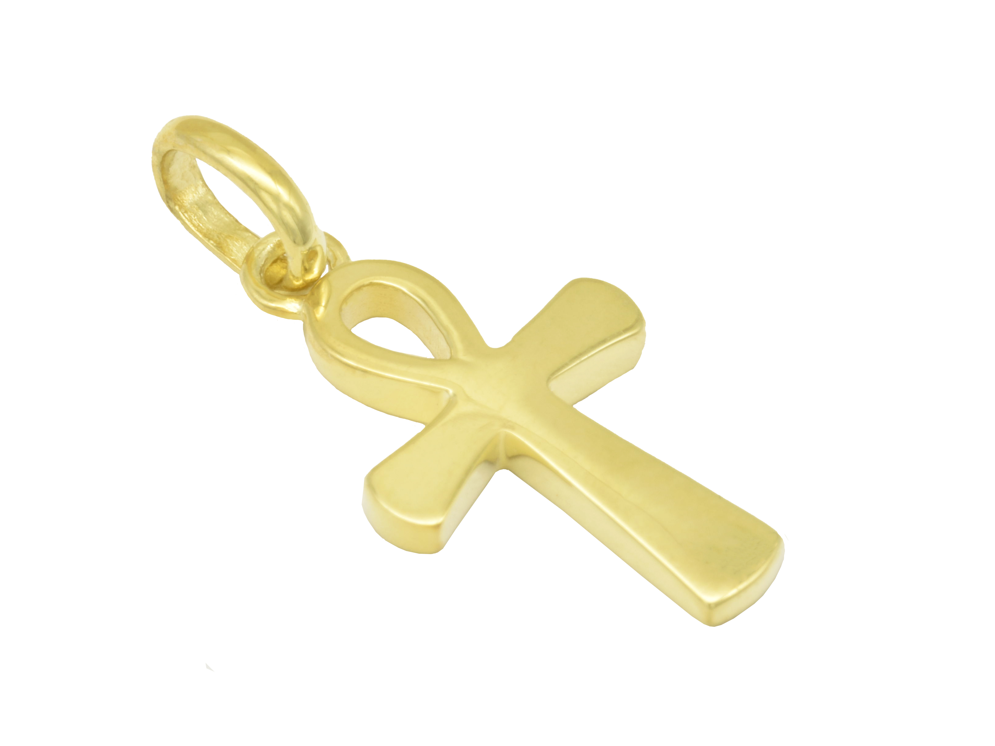Ägyptisches Kreuz aus poliertem Sterling Silber, gelbgold vergoldet, mit schlichter Form und Anhänger, hergestellt von Juwelier Harnisch, Ägypten.