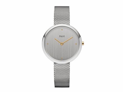 200009-0 M&M DAMENUHR M11944-162 mit silbernem Zifferblatt und goldenen Akzenten, Edelstahl-Milanaiseband, elegantes und modernes Design der NEW CIRCLE LINE.